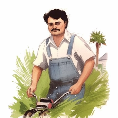 use reference images to generate a funny watercolor, ink, cartoon style, father's day clipart, humorous, man with black hair mowing in the florida heat
