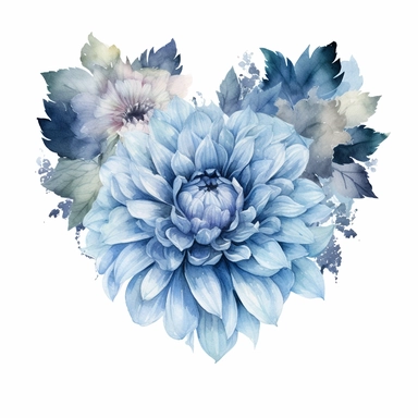 a heart shape made with soft blue and pastel blue Dahlia flowers, wet on dry watercolour style, dark gothic antique look, clipart, white background
