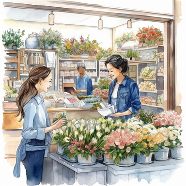 watercolor, hyper realistic, white background, white margins, 16k, ultra detailed clipart, cut out image, hand-drawn illustration style for picture books a flower shop assistant with soft blue accents, helping a customer choose the perfect flowers for their occasion