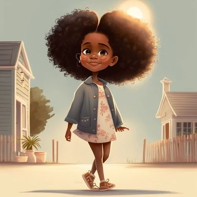 pixar illustration of Sag Harbor town , An illustration of fiver year old light skin happy black girl with curly afro, waving goodbye to Sag harbor Sunset Beach, east hampton , summer vaction, beach town , summer days , muted tones , shy warm heart , pixar , hyper detailed , smooth skin realistic animated — Happy Black Girl Smiling art,black girlsclipart, Funny black girl , Cheerful african american girl child png, clipart, afro ,Full body with legs , Cottage core , preppy , Highly detailed clos