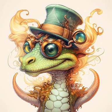COMIC/CARTOON fantasy magical wacky dragon ,large eyeglasses, hats, muted colors, swirls, twists, twirls, metallic, glitter, stylized, funny, centered, airbrushed, digital oil, detailed illustration, clip art, cartoon, 8k, ar 9:8