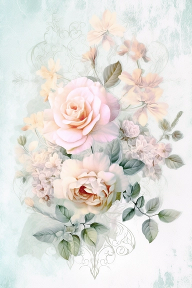 Vintage shabby damask clipart vignette with delicate floral patterns along the sides and corners of the image, small cute bright oil painting vignette with beautiful roses and blooming lilacs, light pastel tones in the center of the image,