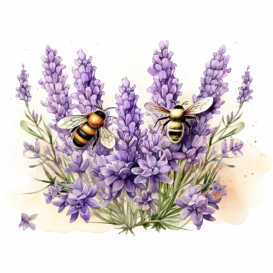 no background, clipart of a ticket with bees and lavender, vintage style , watercolour