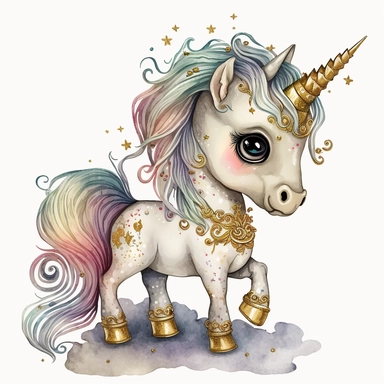 fantasy baby unicorn, clipart watercolor illustration, aquarallist, cute, big eyes, pretty gold and cream, unicorncore, fairycore, free brushwork, watercolor, light and bright, four legs, gold horn, sparkle, skarklecore, detailed, isolated on a white background,