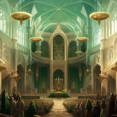 The digital painting depicts an elven council hall in a clipart style. The building is tall and grand with three main tall cylinders, each varying in height. The architecture style blends Victorian and Renaissance elements, creating a truly unique and elegant structure. The building is predominantly ivory in color with emerald green accents and gold details. The hall is located in a bustling elven city, and the sunny day lighting accentuates its sophisticated beauty. The scene exudes a feeling o