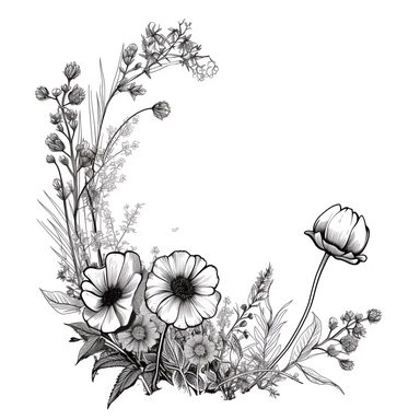modern, minimalistic set of wildflowers in the shape of one giant L shape corner of the image frame, in the style of hand-drawing black and white on a clean white background, wedding clipart flowers