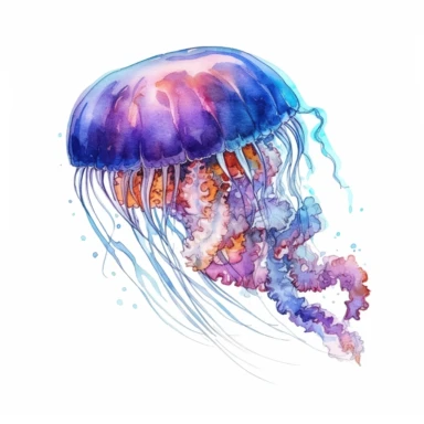 A clipart of a jellyfish floating gracefully in the ocean depths, crafted in watercolor style, all on a white background.