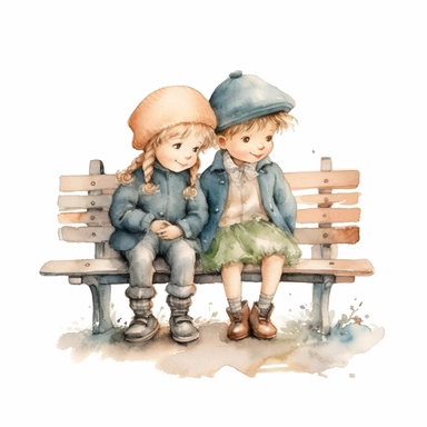 adorable little vintage boy and girl walking sitting on a bench, watercolor clipart, high quality clipart, no background , high details