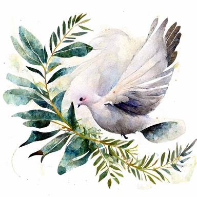white Dove fly with small palm brunch in beak, watercolor, Clipart