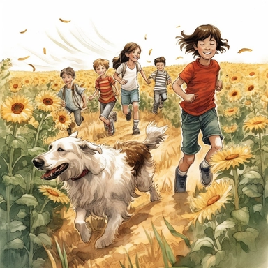 watercolor, hyper realistic, white background, white margins, 16k, ultra detailed clipart, cut out image, hand-drawn illustration style for picture books A group of children playing among the sunflowers, with a dog running around. Use warm golden and green tones for the sunflowers and grassy field, and a bright red tone for the dog's collar.
