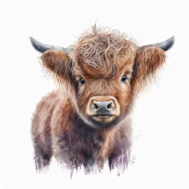 Cute head of a baby highland cow, adorable, watercolour clipart, absolutely nothing in the background just a white plain background, long hair, light colours
