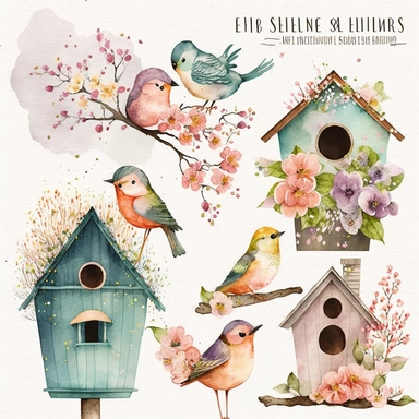 Watercolor Bird Houses Clipart - springtime cute birdhouses and blossoms