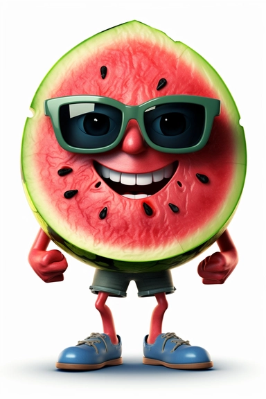 cool watermelon clipart with feet cartoon, wearing sunglasses, with a mouth smiling with no background