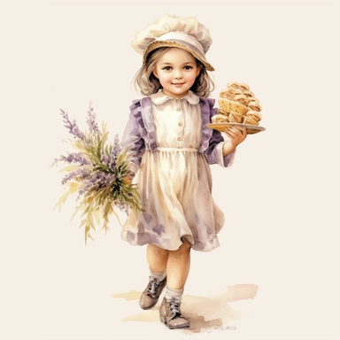 victorian vintage adorable little girl with baguette and lavender bouquet, full body, pastel beige colors, clipart style, watercolor technique, super high quality, professional watercolor clipart, high resolution