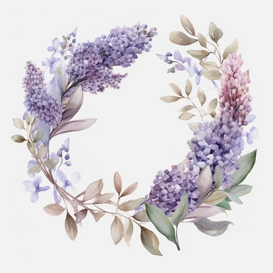 watercolor lilac and lavander wreath on white background, in the style of muted and subtle tones, intricate floral arrangements, uhd image, subtle realism, asymmetrical framing, fawncore, wedding clipart, floral accents, no background