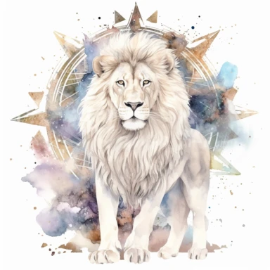 watercolor clipart of celestial white roaring lion, full body shot, sacred geometrical patterns, cosmos in background, on white background