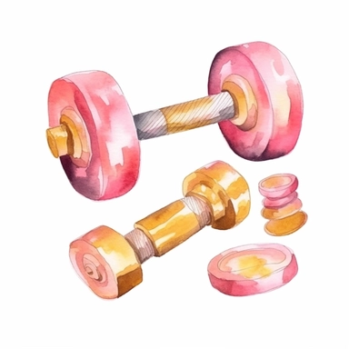 sweet pink and gold hand-painted in watercolors, workout equipment clipart, dumbbell clipart , isolated white background, single design, sharp, bold, hand-paint