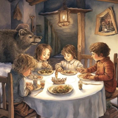 four human kids have dinner at Mr.beaver and Mrs.beaver's house, cold snowy winter night, fantasy, book illustration, painting, clipart, Narnia