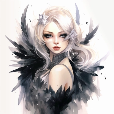 watercolor Barbie as Odette wearing a mask, black dress, feathers, clipart, white background, by Kawacy