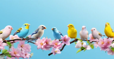 birds with flowers clipart clipart, in the style of light sky-blue and yellow, candid moments captured, collaborative activism, yellow and pink, emotive body language, social network analysis, birds-eye-view