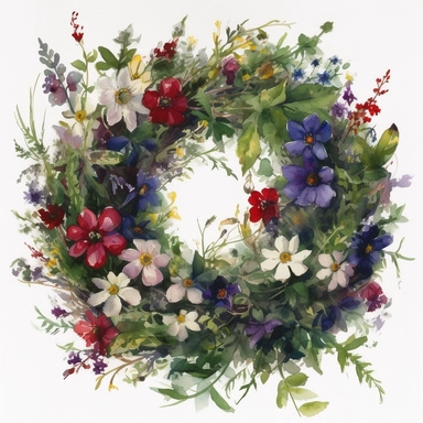a simple gorgeous A wreath made with wildflowers and flowers and greenery on white background clipart, deep purple, emerald green, and ruby red color theme, watercolor painting realistic, high quality, vibrant, Vicente Romero Redondo, Willem van Aelst, Elsa Beskow