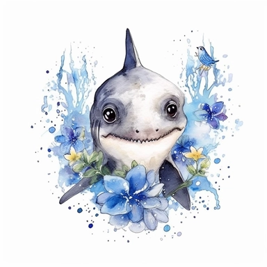 cutest little nursery shark with big eyes, full body, pen and ink with watercolor, seaweed, jelly fish, little fish, pearlescent horn, sparkles, glittery, clipart sheet, nurseycore