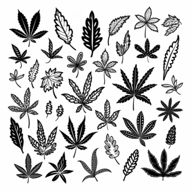 Illustration hand draw style of kawaii cannabis leaves, black and white , clipart collection, clean lines, vector line, white background