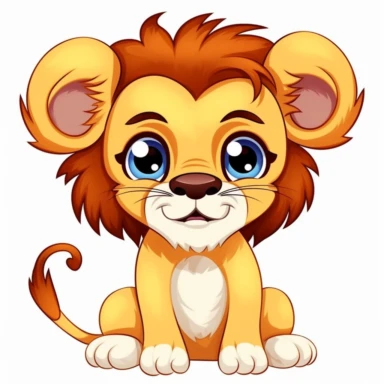 cute cartoon lion drawing, big eyes, illustration clipart, detailed, black outline, white background, digital art