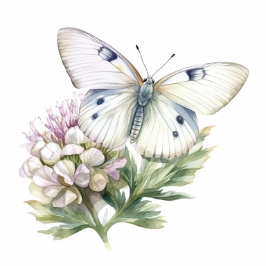 Large white butterfly on a flower, Watercolor clip art, high quality image, soft pastel, cinematic, dramatic, ultra realism, 4k, very detailed, white background