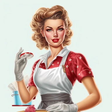 beautiful pretty pin up woman, makeup and hair 50's style, diferent poses,maid dressed, paint art style, cleaning furniture 50's style, detail, clipart, white background, superrealistic, one of a kind