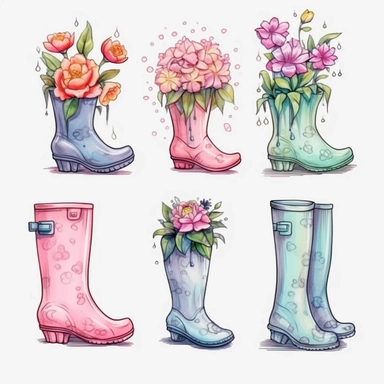 Spring Garden Rain Boots Design - Rain Boots with Flowers Clipart style by Lucy Fleming, watercolor, smooth gradients, black contour outline, ultra detailed, clipart elements, delicate pastel colors, solid white background, super clear, high quality