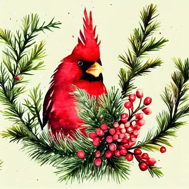 Cardinal bird, vintage lantern, winter greenery. Christmas clipart. Watercolor illustration. Pine fir branches, Holly berry, gold apple, coin. Floral bouquet. Holiday decor for print, card making