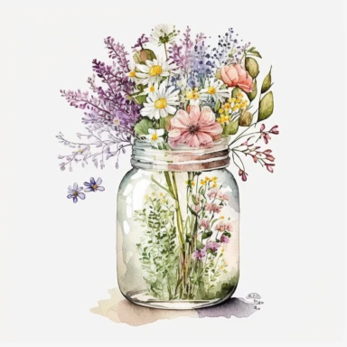 watercolor spring flowers Clipart spring flowers floral bouquet in the jar, white background, no text