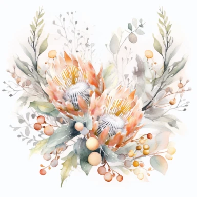 Australian native flower banksia arrangments watercolor premade border, white simple background, no grass or green ground in the scene, no sky, pale watery color, hand painted original, pastel colors, Watercolor Flowers Clipart, airy dreamy pale color, modern minimal v 4