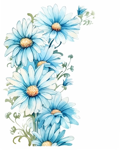 detailed watercolor ocean blue daisy corner border , isolated on white background, realistic, clipart