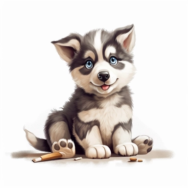 Alaskan Malamute, cartoon clipart, wathercolor of art adorably puppy on white background, simple and Adorable little puppy sitting on the ground with a bone in its mouth, big eyes and a friendly expression, cleaning