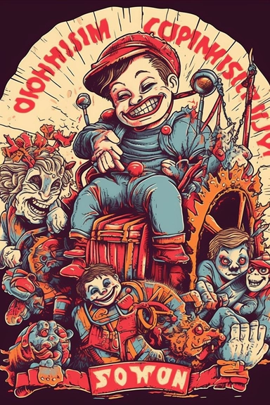 clip art The Killer Carnival: This design features a creepy carnival full of twisted attractions like a Ferris wheel made of bones and a Hall of Mirrors that distorts your face into a monster. The main focus is a creepy clown, holding a knife and grinning wickedly, with other carnival-goers in the background being attacked by monsters and demons. The design has a Steven Rhodes-style twist, with dark humor and clever visual puns.