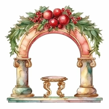 watercolor clipart of Christmas mantle, vintage red green gold colors, isolated on white background
