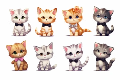 9 sets of a cute baby kitten Munchkin, smile,round face,round head,Wearing a flower bow tie,different poses,different breeds, clipart, isolated on white background, spaced out,