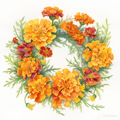 Watercolor Painting of beautiful multi - headed Marigold Wreath FLOWERS on white background DETAILED ILUSTRATION, Flora Design Patterns, Flemish Baroque by Rachel Ruysch, Behance, Rococo, Intricate Detailed, Soft Light Effect, Oil Paint Strokes, Light Academia Aesthetic Flowers, Lighting cinematic, all shown shimmering stamens, tyndall light, texture, colorful, 8k, fantasy, ray tracing, vivid, spectacular lighting, octane rendering, highly detailed, ultra - realistic, white background, clipart