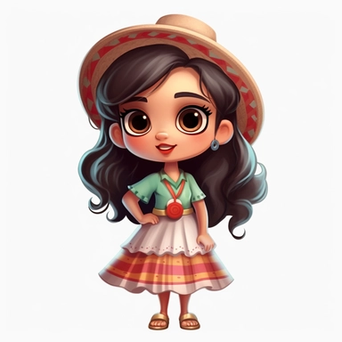 A cute little gril dressed for a mexican party, singing, plaid round long dress, Monica's gang style, Graphics Maurício de Sousa, on white background, big eyes, clipart, cartoon, inkley studio, smiling, outlines