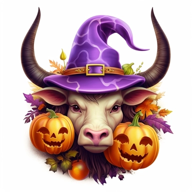 3D super realistic cute halloween Longhorn Cow Head with a witch's purple hat on his head among pumpkins clipart