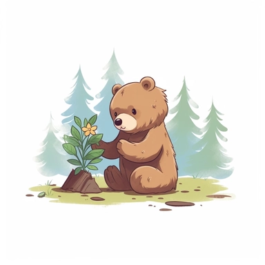 Clipart of a cute brown bear planting pine tree kawaii style full multicolor white background
