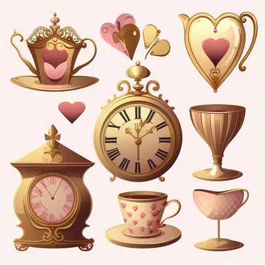 collection of hat , teapot,book, teacup, hearts cards, big crazy hat, gold melting clock , hourglass, queen of hearts , hearts paying cards vector clipart gold and light pink on white background