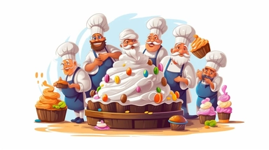 Confectioner chef composition with team of cartoon style cook characters making cupcakes from flour and dough vector clipart illustration