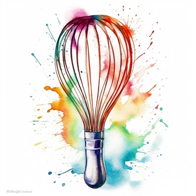 A watercolor whisk clipart against a pristine white background, capturing the graceful movement and functionality of this kitchen utensil. The watercolor technique adds a touch of artistic flair, with flowing strokes that mimic the motion of whisking. The