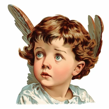 Vintage 1920 Portrait Shot View Of a Shocked child head with Angel Wings Behind it Illustration , in the style of late 19th century, Chromolithograph, 1920s Illustration, Vintage, Chromolithograph, Colorful, Antique, Ephemera, Clipart, 8k, Isolated on white