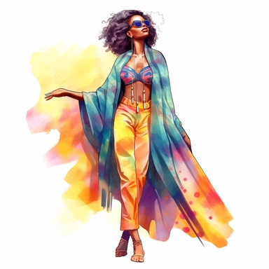 watercolor, hippie black woman, clipart, full body, side angle