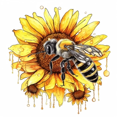 bee and sunflower drawn in watercolor, vector design, cutout,Sublimation Clipart ,Cartoon,hyper realistic, intricate detail, illustration style,high solution,on the white background