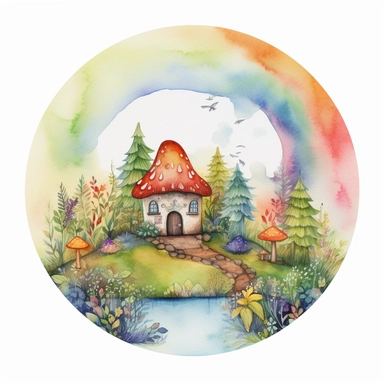 rainbow fantasy watercolour mushroom house in nature scene, inside a circle border, white background, clipart